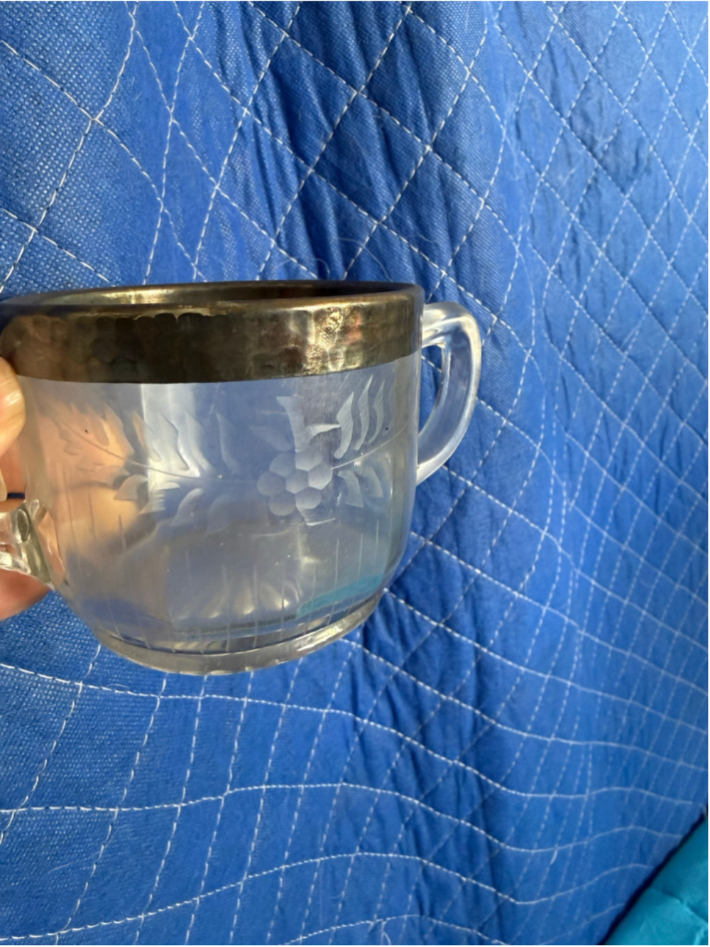 Vintage Etched Glass Cup with Silver Rim, One Size, Clear/Silver